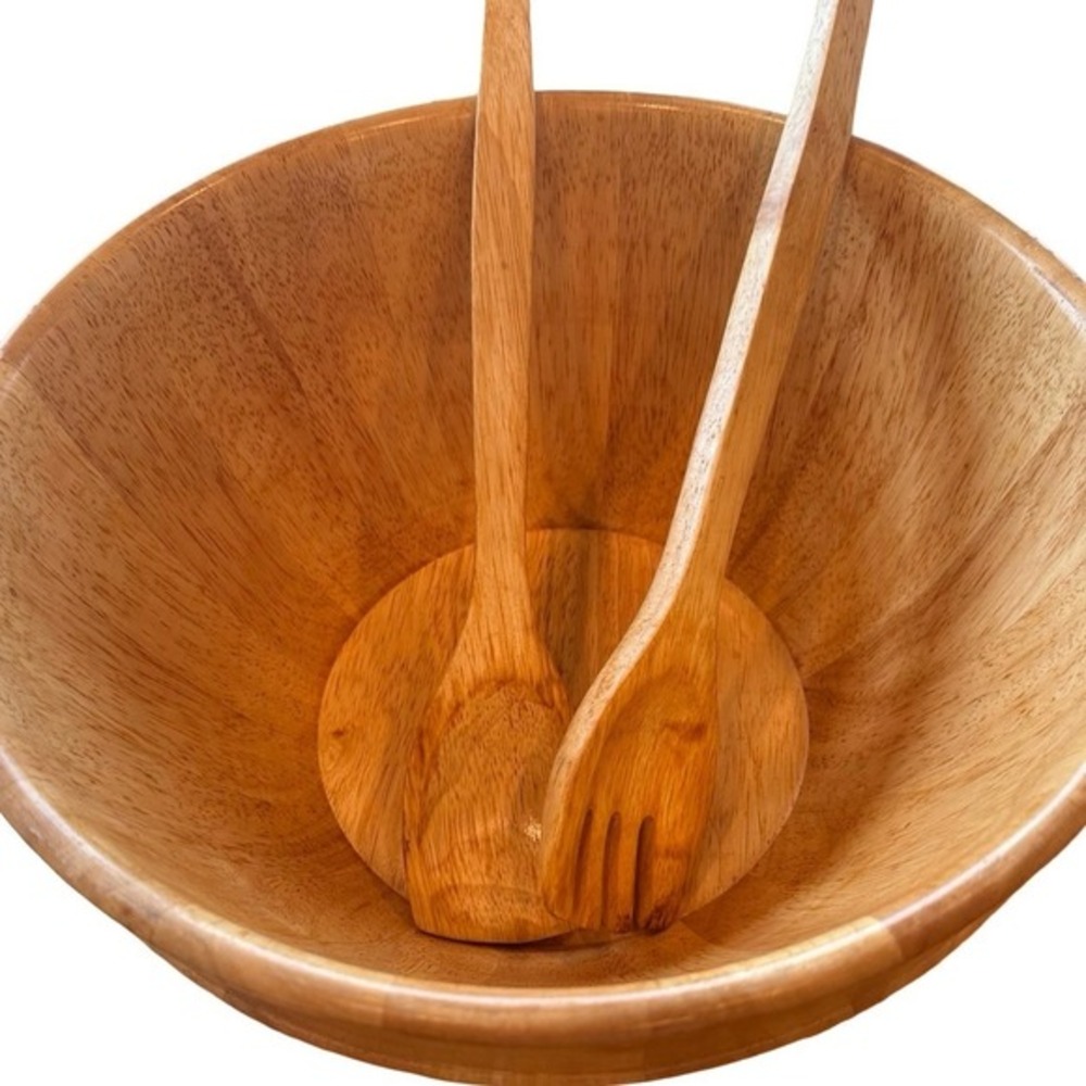 Clay Art Large Wood Salad Bowl 13" w Servers Natural Kitchen Set